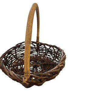 Charming Vintage Rustic Handwoven Twig Basket with Bentwood Handle